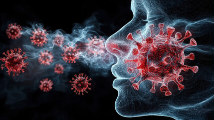 Poster - Medical illustration showing how viruses enter respiratory system, depicting human face exhaling, with virus particles red and blue tones. This visual emphasizes transmission of respiratory