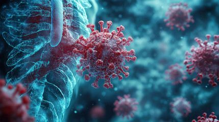 Aufkleber - semi transparent X ray style image showing respiratory system with virus particles. intricate details highlight interaction between lungs and pathogens, evoking sense of urgency