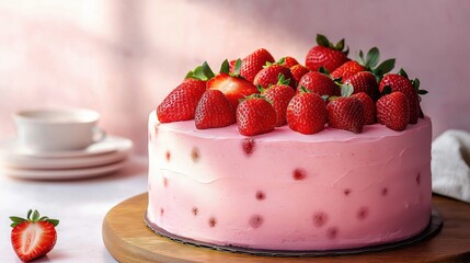 Wall Mural - https://s.mj.run/CEPQWk53Bj0 A pink strawberry cake with fresh strawberries on top, against a light background --ar 16:9 --v 6.1 Job ID: 761d47f1-342a-499e-ba5f-bc281e28c72a