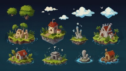 Wall Mural - Vector illustration set of floating islands game platforms 