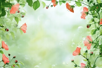 Fototapete - Delicate pink flowers and lush green leaves create an inviting space for personalized text and messaging options. Generative AI