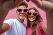 © Asfand - Happy young couple in heart-shaped sunglasses taking a selfie against pink background