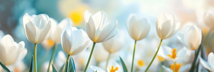 Fototapete - Bright tulips blooming in a sunlit garden with ample space for text and mock up use. Generative AI