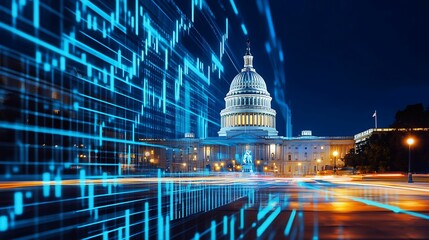 Wall Mural - financial data government building. a digital representation of the capitol building at night, featu