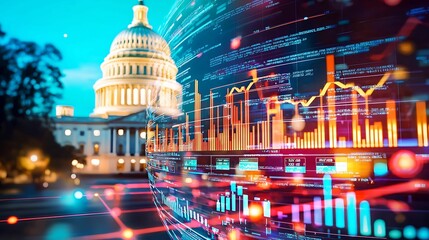 Wall Mural - financial data government building. a vibrant digital representation of economic data overlays the u