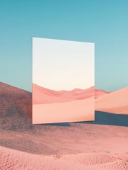Poster - Desert landscape featuring a large mirror reflecting the serene sky and sand dunes in a tranquil environment. Generative AI