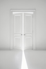 Wall Mural - white double doors, intense light through the opening. Minimalistic light Background