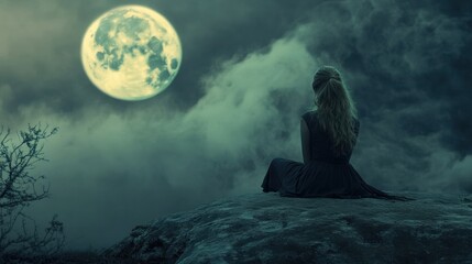 Aufkleber - Woman sitting on a rock during night, gazing at the full moon surrounded by clouds and shadows. Generative AI