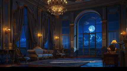 Wall Mural - A high-ceiling living room at night with an ornate crystal chandelier, moonlight cascading through expansive windows, and luxurious drapes framing the view.