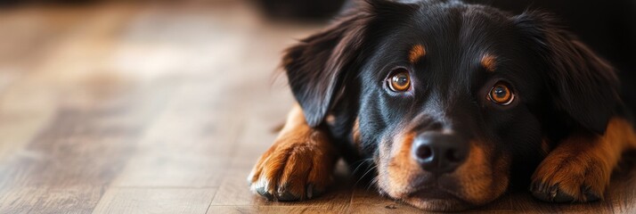 Poster - Relaxed dog resting on wooden floor with warm lighting and empty space for text. Generative AI