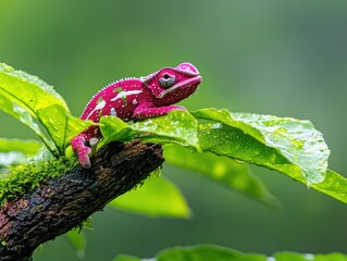 A chameleon mid-climb on a tree branch, its colorful scales blending into the surroundings, demonstrating its natural camouflage abilities in a lush, tropical environment.