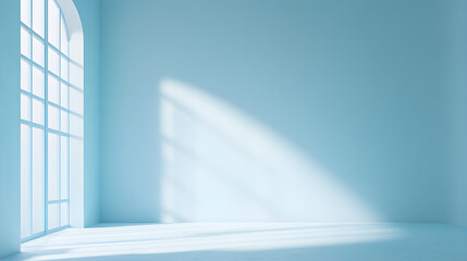 Wall Mural - an empty pale blue room with morning sunlight streaming in from the window.