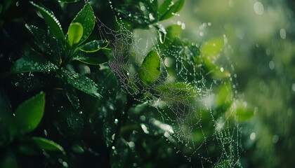 Closeup view of cobweb with dew drops on plants outdoors