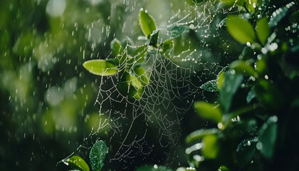 Closeup view of cobweb with dew drops on plants outdoors