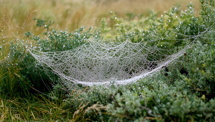 Closeup view of cobweb with dew drops on plants outdoors