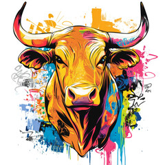 Wall Mural - a stylized bull head portrait rendered in vibrant colors and overlaid with abstract graffiti element