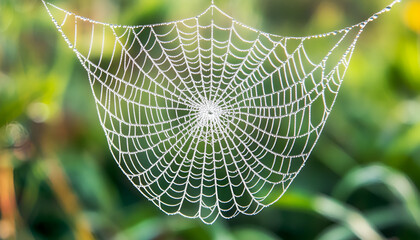 Closeup view of cobweb with dew drops on plants outdoors