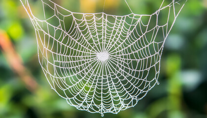 Closeup view of cobweb with dew drops on plants outdoors