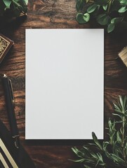 Fototapete - Blank paper on a wooden desk surrounded by stationery and greenery perfect for text insertions and creative projects. Generative AI