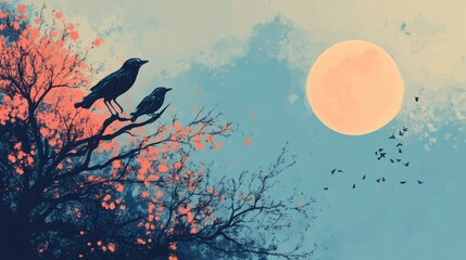 Leinwandbilder - Beautiful illustration of birds sitting on branches under a large moon with a pastel sky at night. Generative AI