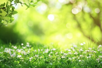 Aufkleber - Vibrant green meadow filled with delicate flowers and soft light under the trees during a sunny day in spring. Generative AI