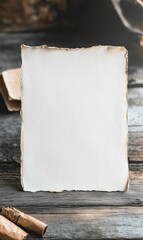 Leinwandbilder - Blank paper mock up on rustic wooden table, ideal for adding custom text and designs. Generative AI