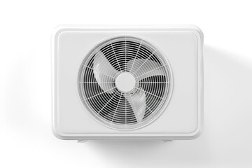 a top view of a white air conditioning unit with a visible fan. isolated on white background