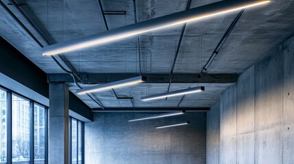 Wall Mural - LED lighting suspended in an industrial space, ceiling featuring raw concrete textures, blending modern functionality with industrial aesthetics.