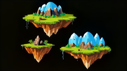 Wall Mural - Vector illustration set of floating islands game platforms 