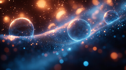Wall Mural - cosmic spheres in glowing blue and orange light, surrounded by misty space and stardust.