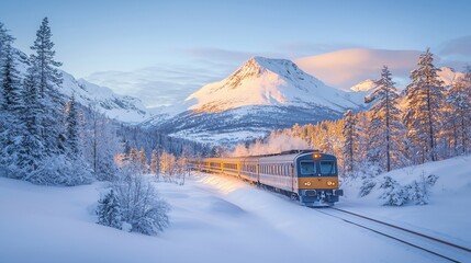 Wall Mural - Scenic winter train journey through snow-covered mountains at sunrise.
