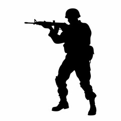 Wall Mural - A man in a military uniform is holding a rifle. He is wearing a helmet and has a backpack on