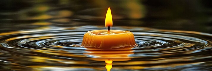 Serene Candlelight Floating on Water Circles Peaceful Autumn Reflection Tranquility