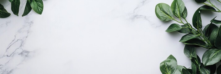Fototapete - Decorative green leaves on a white marble surface providing a clear space for text placement and design mock up. Generative AI