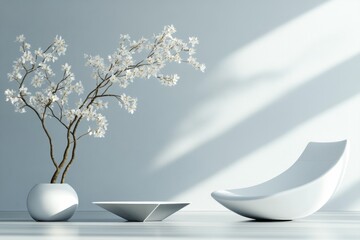 Poster - A minimalist living room with a white sofa, a single geometric coffee table, and soft shadows rendered in V-Ray for a clean, modern look