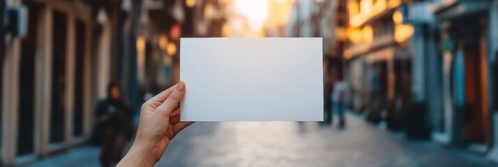Fototapete - Hand holding blank card in a sunlit street, offering space for text and creative expression. Generative AI