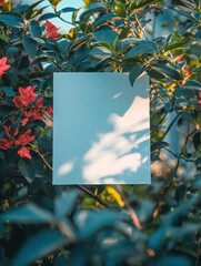 Aufkleber - Bright green foliage with vibrant flowers showcasing a blank space for text during daylight hours in a natural setting. Generative AI