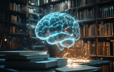 Bright glowing brain hologram hovering over a library desk with books and electrical sparks