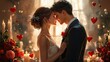 © arthit - A bride and groom sharing their first kiss as a married couple, with heart-shaped decorations and candles around them on Valentine's Day.