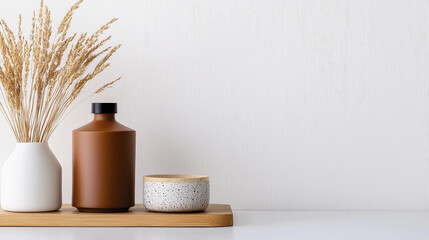 Wall Mural - Minimalist arrangement featuring brown bottle, white vase, and decorative bowl. Perfect for modern decor enthusiasts