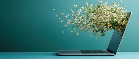 A laptop bursts with blooming flowers, symbolizing creativity and the fusion of technology and nature against a calming teal background.