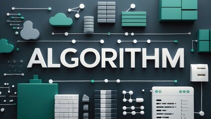 Modern 3D letters spelling ALGORITHM with abstract data shapes and network connections, technology concept for software development, programming, artificial intelligence, dark teal background design