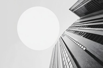Poster - Tall modern building reaching towards a large white sun in a clear sky. Generative AI