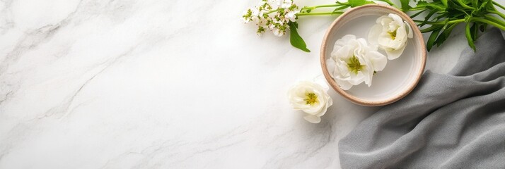 Poster - Soft floral arrangement with white blossoms and greenery on a marble surface providing space for creative text. Generative AI