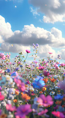 3d render of a field of colorful flowers with white clouds in the background, set in a fantasy world