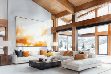 Leinwandbilder - A soft watercolor painting of a contemporary living room with large windows, a cozy sofa, and warm light washing over the space