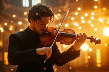 Poster - A solo violinist playing in the middle of an empty cathedral, with natural light streaming through stained glass windows