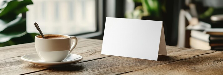 Poster - Cozy workspace with coffee and blank card for custom message in bright daylight. Generative AI