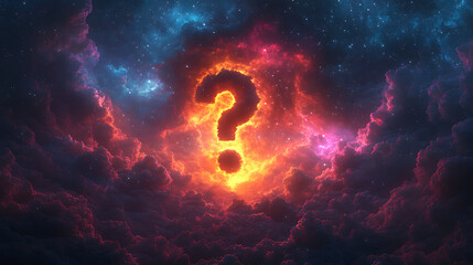 Wall Mural - mysterious cosmic scene with vibrant clouds and a glowing question mark symbolizing curiosity