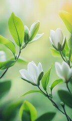 Fototapete - Blossoming white flowers among vibrant green leaves during springtime in a serene garden setting. Generative AI